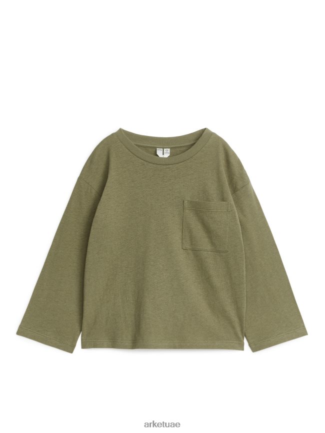 ملابس عبد اللطيف ARKET أطفال تي شيرت من مزيج الكتان بأكمام طويلة الكاكي الأخضر BXB8481483