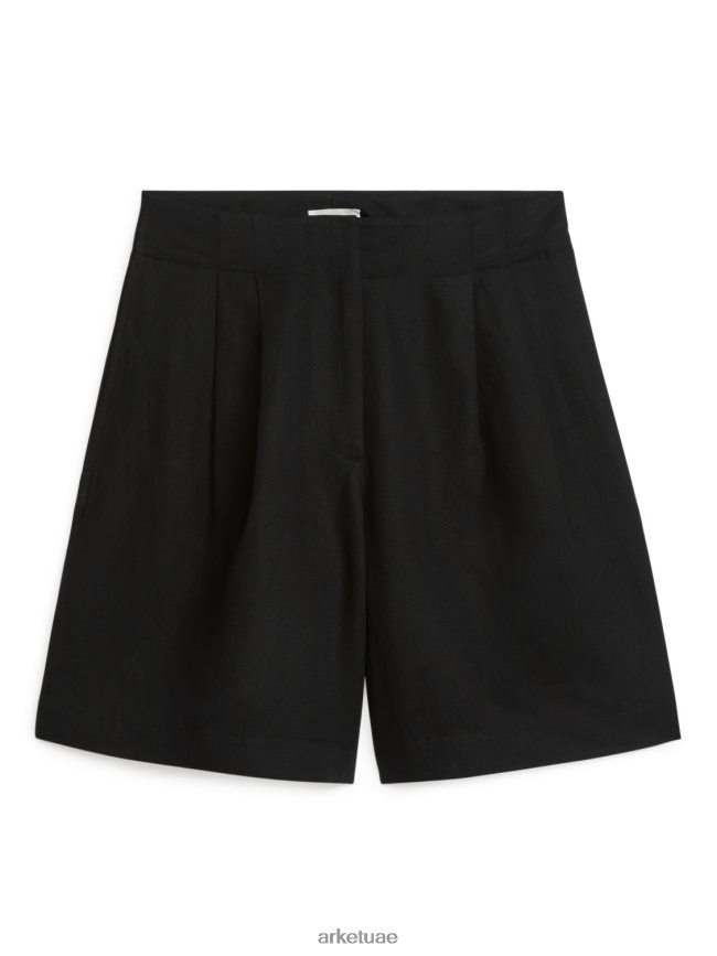 ملابس عبد اللطيف ARKET نحيف شورت من مزيج الكتان كبير الحجم أسود BXB848186