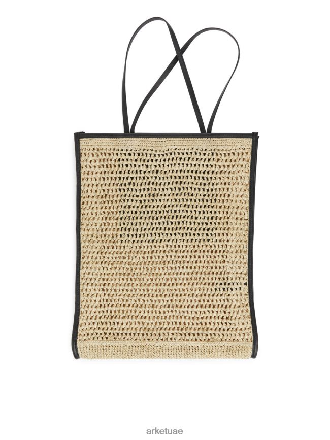 أكياس عبد اللطيف ARKET للجنسين حقيبة من القش بتفاصيل جلدية بيج/أسود BXB848748