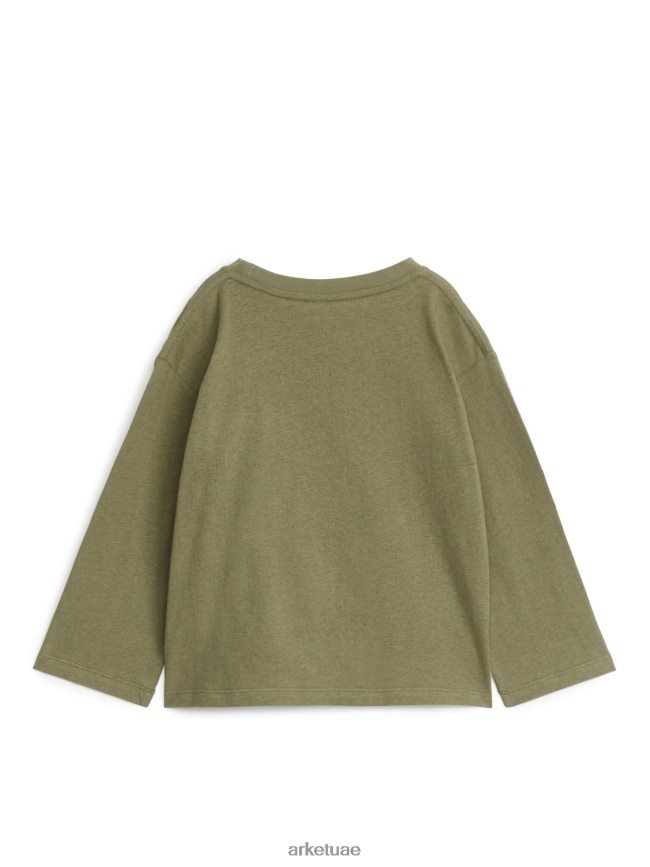 ملابس عبد اللطيف ARKET أطفال تي شيرت من مزيج الكتان بأكمام طويلة الكاكي الأخضر BXB8481483